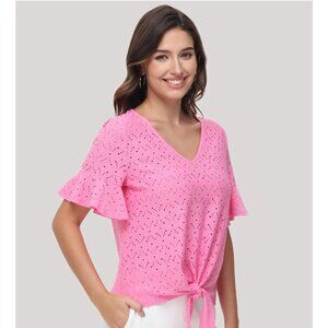 89th & Madison Light Pink Eyelet Short Sleeve with Ruffles & Tie, Size L, NWT